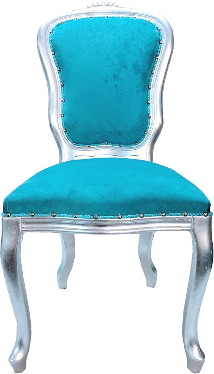Casa Padrino Ensemble de Salle à Manger Baroque De Luxe Louis Turquoise / Argent 50 x 60 x H. 104 cm - 6 Chaises Faites à la Main - Meubles de Salle à Manger Baroques - Fabriquées en Italie Casa Padrino Ensemble de Salle à Manger Baroque De Luxe Louis Turquoise / Argent 50 x 60 x H. 104 cm - 6 Chaises Faites à la Main - Meubles de Salle à Manger Baroques - Fabriquées en Italie