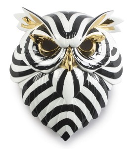 Casa Padrino máscara decorativa de porcelana de lujo búho negro / blanco / oro 32 x 14 x H. 35 cm - Decoración de Pared Moderna Hecha a Mano - Calidad de Primera Clase - Hecho en España