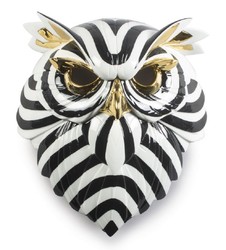 Casa Padrino máscara decorativa de porcelana de lujo búho negro / blanco / oro 32 x 14 x H. 35 cm - Decoración de Pared Moderna Hecha a Mano - Calidad de Primera Clase - Hecho en España