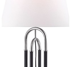 Casa Padrino luxury table lamp silver / black / white Ø 40.6 x H. 73.7 cm - Noble Metal Lamp with High Quality Leather and Linen Lampshade - Luxury Quality