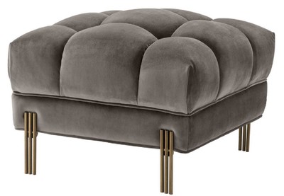 Casa Padrino Ottomano di Lusso Grigio / Ottone 59 x 59 x H. 43 cm - Sgabello in Velluto con Gambe in Acciaio Inossidabile - Mobili da Soggiorno