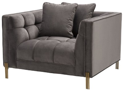 Casa Padrino sillón de terciopelo de lujo con 2 cojines gris / latón 104 x 95 x H. 68 cm - Muebles de Salón de Lujo
