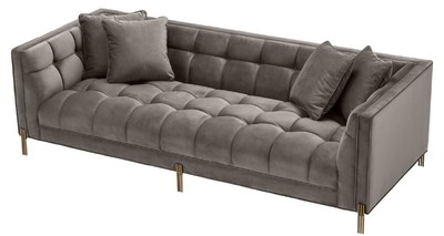Casa Padrino Luxus Samt Sofa mit 4 Kissen Grau / Messingfarben 231 x 95 x H. 68 cm - Wohnzimmer Sofa - Luxus Qualität