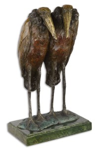 Casa Padrino Sculpture en Bronze de Luxe Cigognes Marabu Bronze / Or / Vert 21,7 x 17,2 x H. 36,2 cm - Figurine en Bronze avec Base en Marbre - Figurine Déco