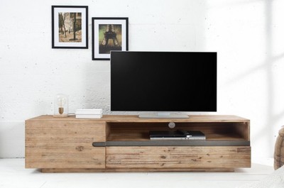 Casa Padrino Designer Fernsehschrank mit Tür und Schublade Naturfarben / Teakgrau 170 x 42 x H. 46 cm - Sideboard - Handgefertigt aus Massivholz!