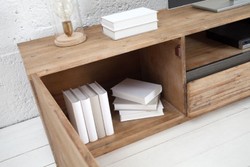 Casa Padrino armoire de télévision design avec porte et tiroir naturel / gris teck 170 x 42 x H. 46 cm - Buffet - Fait à la Main en Bois Massif!