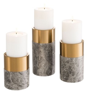 Casa Padrino Set Portacandele di Lusso Grigio / Ottone - 3 Portacandele Rotondi in Marmo - Qualità di Lusso - Accessori Decorativi