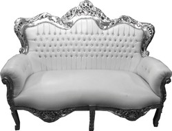 Casa Padrino - Sofá barroco de 2 plazas con aspecto de cuero blanco / plateado con pedrería Bling Bling - Sala de estar Sofá Muebles Salón
