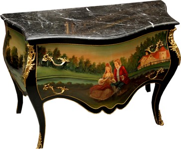 Comò barocco Casa Padrino nero con motivo dipinto a mano / applicazioni in metallo oro 130 cm e piano in marmo Comò barocco Casa Padrino nero con motivo dipinto a mano / applicazioni in metallo oro 130 cm e piano in marmo