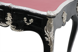 Casa Padrino luxury baroque desk with 3 drawers and solid metal application black / silver / bordeaux 141 x 65 x H. 80 cm - Baroque Office Furniture Casa Padrino luxury baroque desk with 3 drawers and solid metal application black / silver / bordeaux 141 x 65 x H. 80 cm - Baroque Office Furniture
