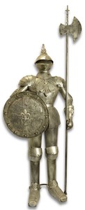 Casa Padrino armadura caballero de hierro con escudo y lanza plata antigua H. 242 cm - Decoración Medieval