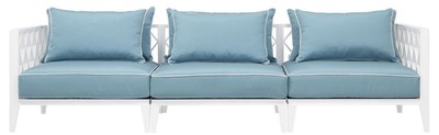 Casa Padrino Luxus Wohnzimmer Sofa mit Kissen Weiß / Hellblau 275,5 x 93 x H. 69 cm - Wohnzimmermöbel