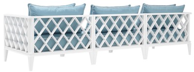 Casa Padrino Luxus Wohnzimmer Sofa mit Kissen Weiß / Hellblau 275,5 x 93 x H. 69 cm - Wohnzimmermöbel
