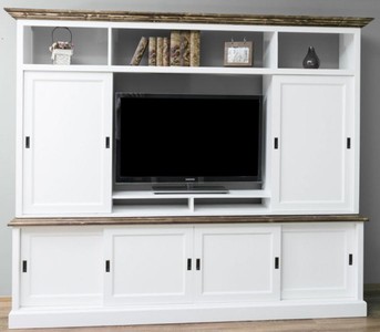 Casa Padrino country style living room television cabinet with 6 sliding doors white / brown 254 x 46 x H. 210 cm - Solid Wood TV Cabinet - Living Room Cabinet - Country Style Living Room Furniture