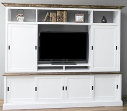 Casa Padrino country style living room television cabinet with 6 sliding doors white / brown 254 x 46 x H. 210 cm - Solid Wood TV Cabinet - Living Room Cabinet - Country Style Living Room Furniture