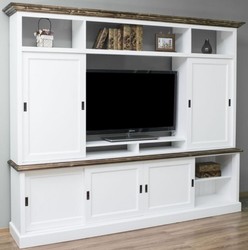 Casa Padrino country style living room television cabinet with 6 sliding doors white / brown 254 x 46 x H. 210 cm - Solid Wood TV Cabinet - Living Room Cabinet - Country Style Living Room Furniture