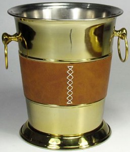 Casa Padrino Brass Wine Cooler with Leather Gold / Brown / Silver 26 x 23 x H. 25 cm - Sparkling Wine Cooler - Champagne Cooler - Luxury Accessories
