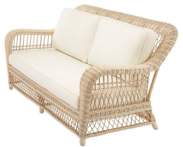 Casa Padrino Luxus Wohnzimmer Sofa mit Kissen Naturfarben / Cremefarben 202 x 99 x H. 97 cm - Gepolsterte Couch mit handgewebtem Rattangeflecht