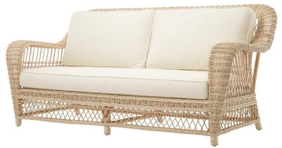 Casa Padrino Luxus Wohnzimmer Sofa mit Kissen Naturfarben / Cremefarben 202 x 99 x H. 97 cm - Gepolsterte Couch mit handgewebtem Rattangeflecht