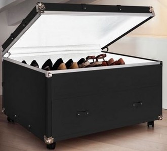 Casa Padrino luxury suitcase shoe chest of drawers with drawer and wheels black / silver 100 x 80 x H. 60 cm - Vintage Style Faux Leather Shoe Cabinet - Luxury Quality
