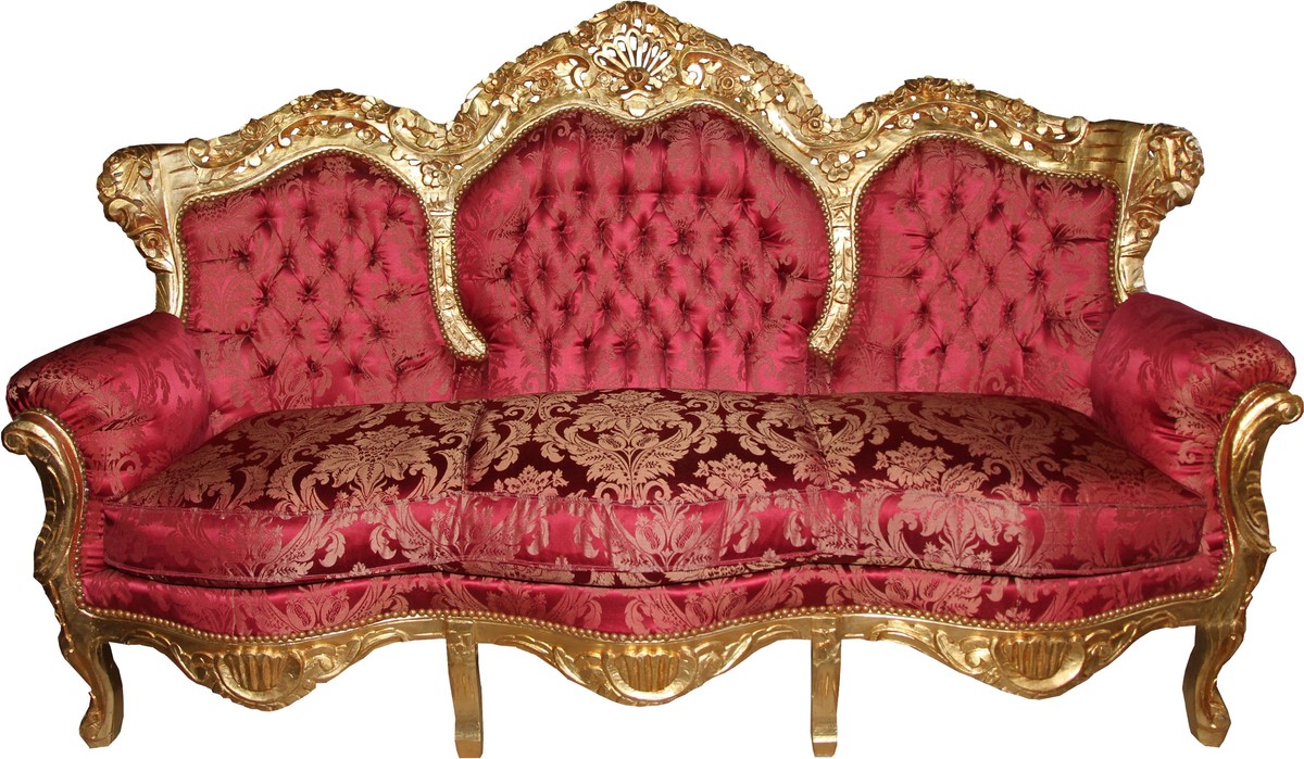 Casa Padrino sofá barroco de 3 plazas lord rojo burdeos / oro 184 x 81 x A. 125 cm - Sofá de salón hecho a mano con diseño elegante - Muebles Barrocos Casa Padrino sofá barroco de 3 plazas lord rojo burdeos / oro 184 x 81 x A. 125 cm - Sofá de salón hecho a mano con diseño elegante - Muebles Barrocos