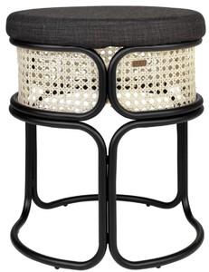 Casa Padrino sgabello di design nero / naturale Ø 40,5 x A. 49 cm - Sgabello rotondo imbottito con intreccio di rattan fine e struttura in acciaio verniciato a polvere
