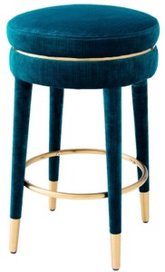 Casa Padrino tabouret de bar de luxe bleu / laiton Ø 41 x H. 68 cm - Tabouret Rond en Velours - Meubles de Luxe