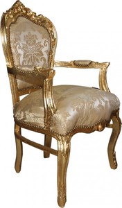 Casa Padrino Barock Esszimmerstuhl Creme Blumen Muster / Gold mit Armlehnen - Möbel