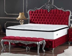 Casa Padrino lit double baroque bordeaux rouge / argent - Lit orné avec matelas - Mobilier Baroque
