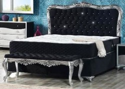 Casa Padrino lit baroque en velours noir / argent - Lit double orné de strass et matelas - Mobilier de Chambre Baroque