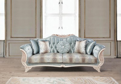 Casa Padrino Luxus Barock Wohnzimmer Sofa mit dekorativen Kissen Türkis / Creme / Bronze 232 x 87 x H. 96 cm - Wohnzimmermöbel im Barockstil