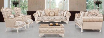 Casa Padrino conjunto de sala de estar barroco de lujo beige / blanco - 2 Sofás y 2 Sillones y 1 Taburete - Muebles de sala en estilo barroco - Noble y Adornado