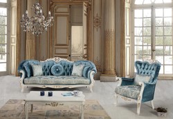 Casa Padrino luxury baroque living room set blue / white / gold - 2 Sofas & 2 Armchairs & 1 Coffee Table - Ornate Living Room Furniture in Baroque Style