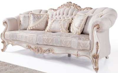 Casa Padrino Divano Barocco di Lusso con Cuscini Grigio Chiaro / Bianco / Bronzo Antico 243 x 89 x A. 106 cm - Arredo Soggiorno Barocco