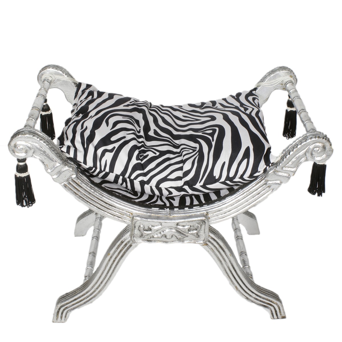 Taburete barroco Casa Padrino - taburete cruzado cebra / plata - muebles Taburete barroco Casa Padrino - taburete cruzado cebra / plata - muebles