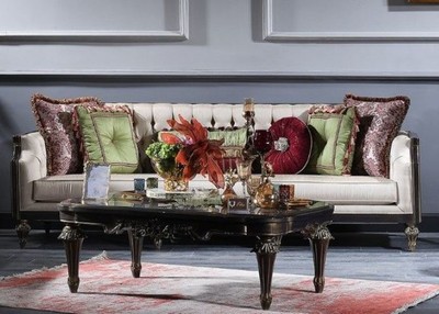 Casa Padrino Luxus Barock Wohnzimmer Sofa Creme / Blau / Schwarz / Gold 238 x 92 x H. 86 cm - Prunkvolle Barock Möbel