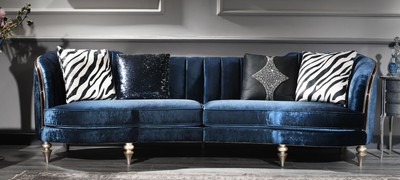 Casa Padrino divano in velluto barocco di lusso blu / argento / marrone scuro 262 x 104 x A. 80 cm - Mobili Barocchi