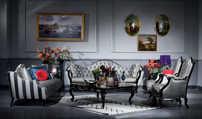 Casa Padrino Luxus Barock Wohnzimmer Set Armoni 2 Sofas 2 Sessel 1 Couchtisch 2 Beistelltische Silber / Schwarz