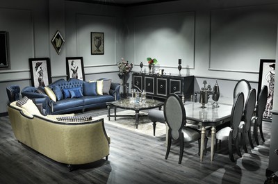 Casa Padrino Luxus Barock Wohnzimmer Sofa Blau / Silber / Schwarz 300 x 94 x H. 88 cm - Edel & Prunkvoll