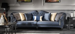 Casa Padrino divano barocco di lusso blu / argento / nero 300 x 94 x A. 88 cm - Nobile e Magnifico