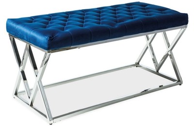 Casa Padrino panca di lusso blu navy / argento 100 x 48 x A. 46 cm - Panca imbottita in velluto con struttura in acciaio cromato - Mobili per Soggiorno