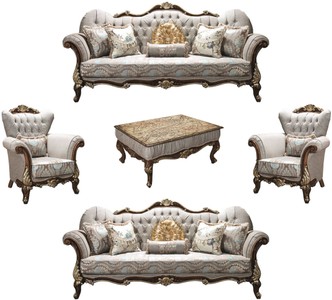 Casa Padrino conjunto de sala de estar barroco de lujo gris plata / marrón / oro - 2 Sofás y 2 Sillones y 1 Mesa de Centro - Muebles de Sala - Noble y Adornado Casa Padrino conjunto de sala de estar barroco de lujo gris plata / marrón / oro - 2 Sofás y 2 Sillones y 1 Mesa de Centro - Muebles de Sala - Noble y Adornado