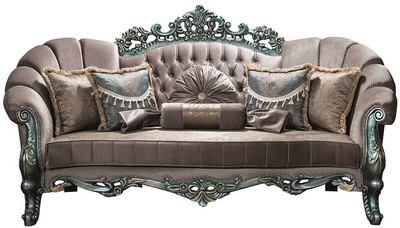 Casa Padrino divano in velluto barocco di lusso grigio / verde / oro 225 x 95 x A. 115 cm - Divano da salotto decorato con strass e cuscini decorativi