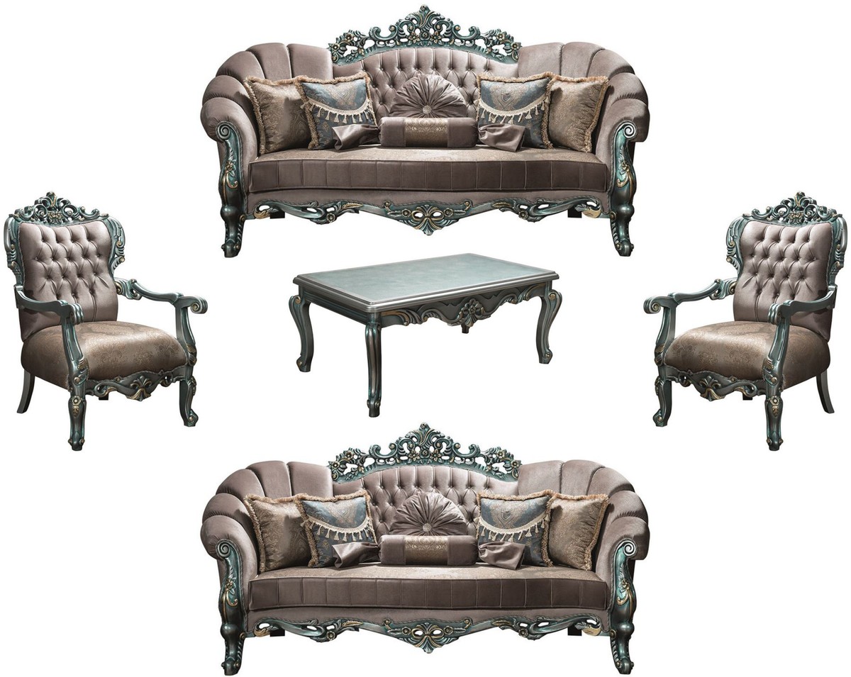 Casa Padrino Luxus Barock Wohnzimmer Set Viyana 2 Sofas 2 Sessel 1 Couchtisch Grau / Grün / Gold Casa Padrino Luxus Barock Wohnzimmer Set Viyana 2 Sofas 2 Sessel 1 Couchtisch Grau / Grün / Gold
