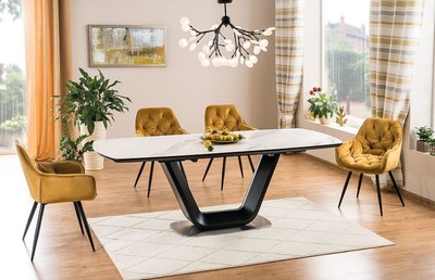 Casa Padrino Luxus Esstisch Weiß / Schwarz / Silber 160-220 x 90 x H. 76 cm - Ausziehbarer Küchentisch mit Tischplatte in Marmoroptik - Luxus Esszimmer Möbel