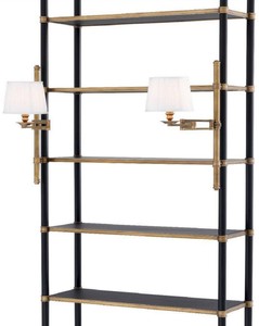 Casa Padrino Luxus Regalschrank mit 2 schwenkbaren Leuchten Vintage Messing / Schwarz 105 x 44 x H. 250 cm - Bücherschrank - Wohnzimmerschrank - Büroschrank - Luxus Möbel