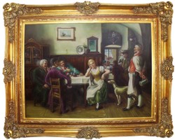 Casa Padrino baroque oil painting Society in the Inn multicolor / gold 160 x 10 x H. 130 cm - Hand painted painting with magnificent frame in baroque style - Baroque Wall Decoration