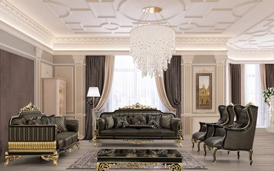 Casa Padrino ensemble de salon baroque de luxe gris / noir / or - 2 Canapés et 2 Fauteuils et 1 Table Basse - Meubles de Salon Baroques Ornés
