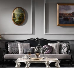 Barock Wohnzimmer Sofa Silber Schwarz, Antik Stil Wohnzimmer Sofa Silber Schwarz, Baroque Living Room Sofa Silver Black, Antique Style Living Room Sofa Silver Black
