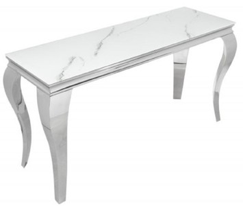 Casa Padrino consola de diseño blanco / gris / plata 145 x 50 x A. 75 cm - Mesa consola rectangular de acero inoxidable con vidrio de seguridad impreso digitalmente en aspecto mármol - Muebles barrocos modernos
